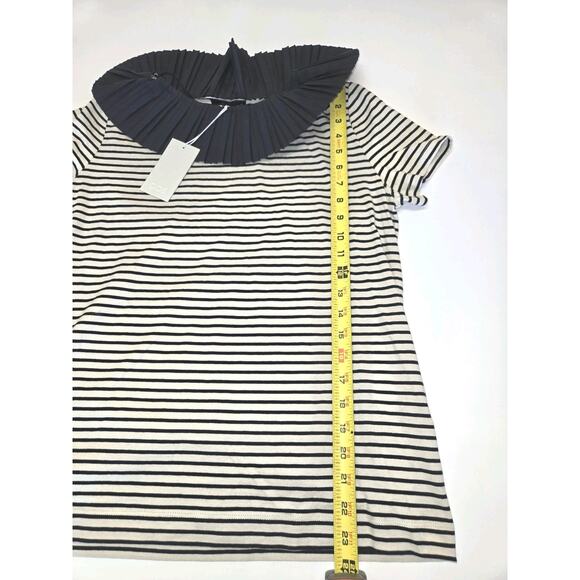 COS NWT Striped Shirt Size Medium Pleated Collar Womens Navy Blue and Off White - Picture 2 of 12
